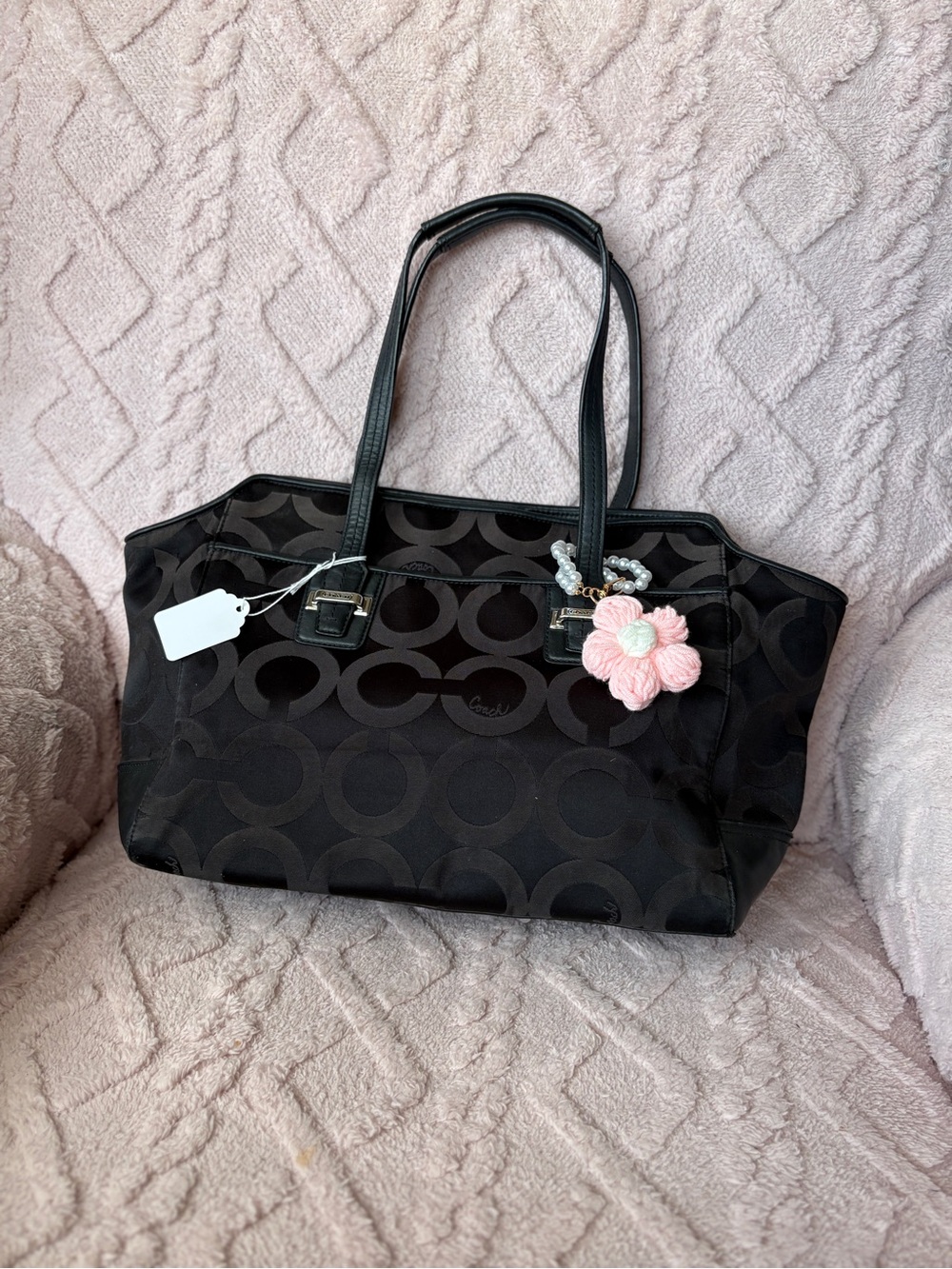 Coach Black Signature Tote with Pink Flower Charm